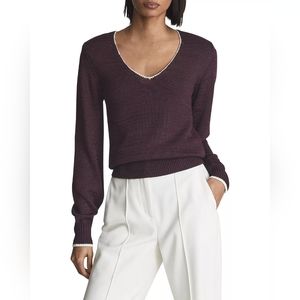 NWT REISS Talia Tipped V-Neck Sweater in Burgundy Red, Size XS